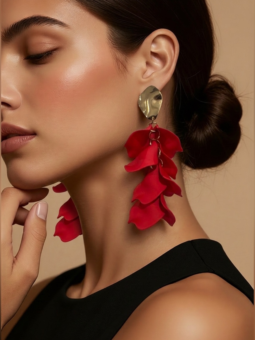 nOir Jewelry Red Layered Floral Drop Earrings with Gold Accents